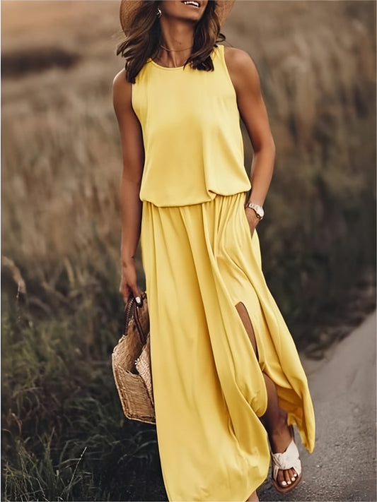 Tessa | Round Neck Sleeveless Blouson Elastic Waist Side Slit Casual Maxi Dress
