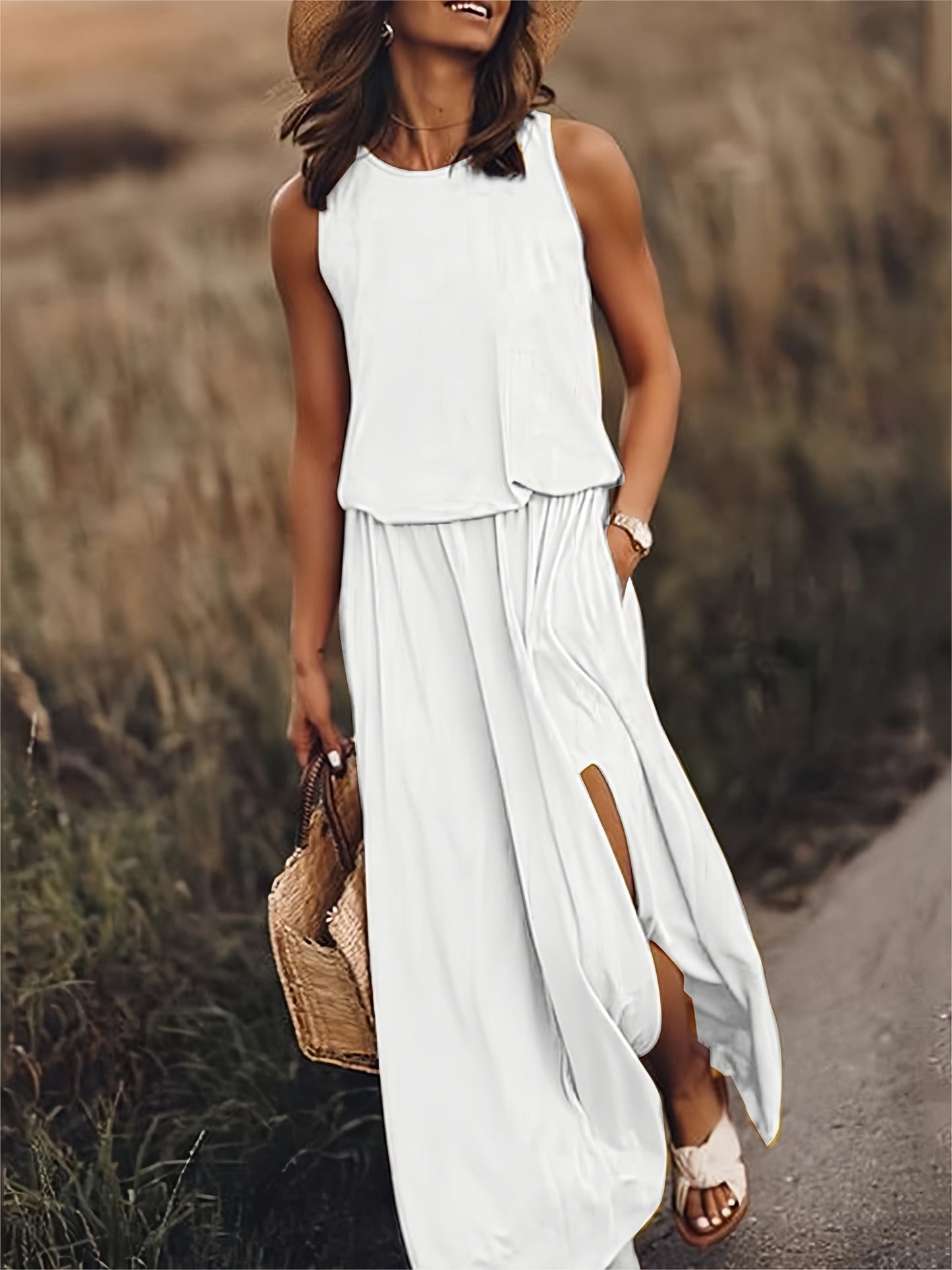 Tessa | Round Neck Sleeveless Blouson Elastic Waist Side Slit Casual Maxi Dress