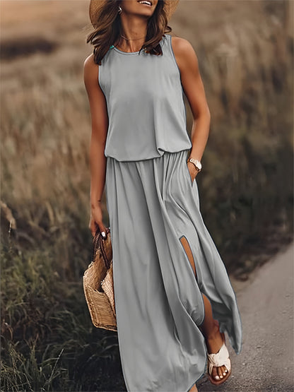 Tessa | Round Neck Sleeveless Blouson Elastic Waist Side Slit Casual Maxi Dress