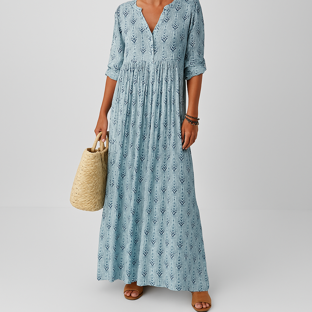 Sage | V Neck Roll Up Sleeve Boho Print Relaxed Maxi Dress