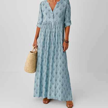 Sage | V Neck Roll Up Sleeve Boho Print Relaxed Maxi Dress