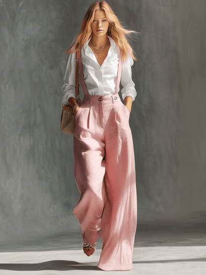 Gwendolyn | Pleated High Waist Wide Leg Suspender Linen Blend Overall