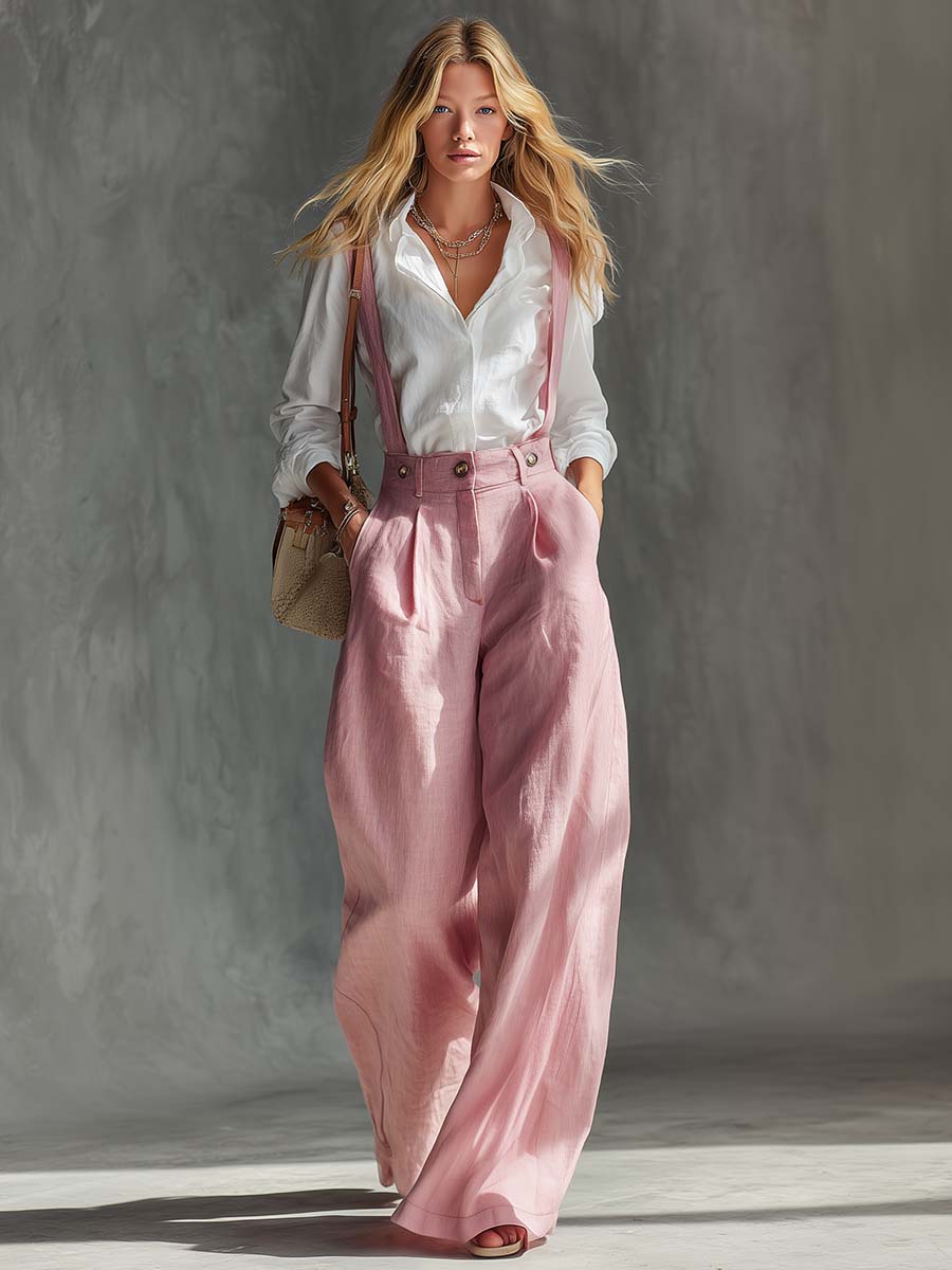 Gwendolyn | Pleated High Waist Wide Leg Suspender Linen Blend Overall
