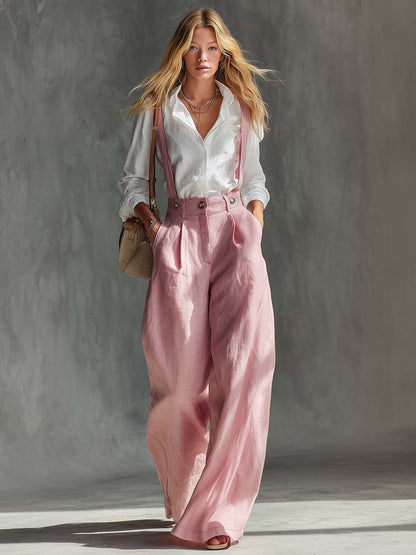 Gwendolyn | Pleated High Waist Wide Leg Suspender Linen Blend Overall