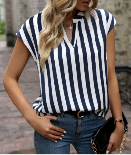 Hazel | Sleeveless Striped V Neck Relaxed Casual Blouse