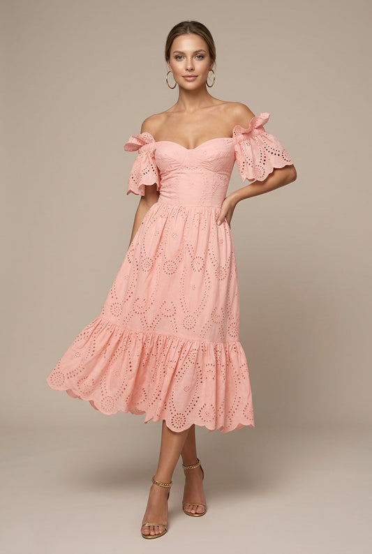 Lily | Eyelet Off Shoulder Ruffle Sleeve Midi Wedding Guest Dress