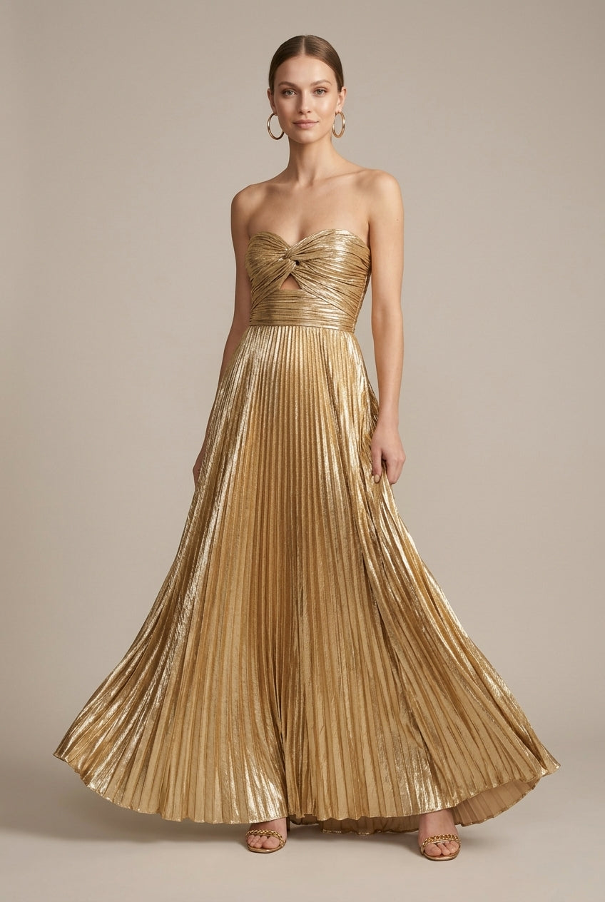 Stella | Metallic Pleated Strapless Twist Detail Maxi Dress