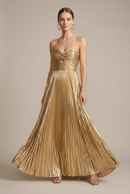 Stella | Metallic Pleated Strapless Twist Detail Maxi Dress