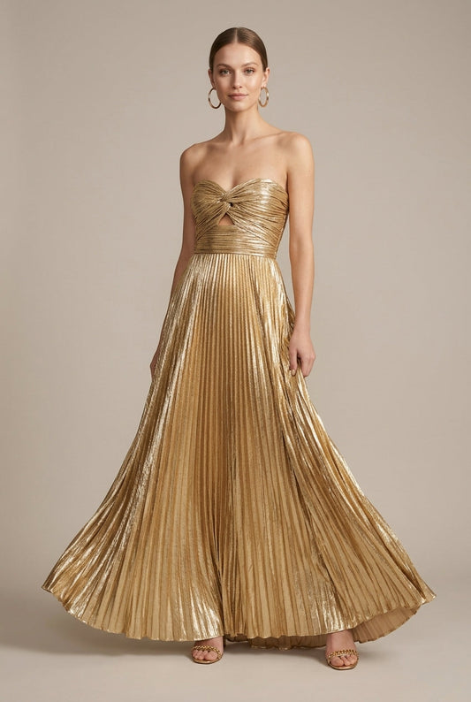 Stella | Metallic Pleated Strapless Twist Detail Maxi Dress