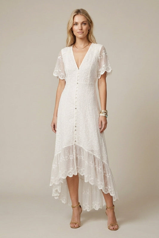 Clara | Lace V Neck Short Sleeve Button Front Maxi Dress