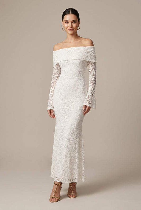 Luna | Lace Off Shoulder Bell Sleeve Maxi Wedding Guest Dress
