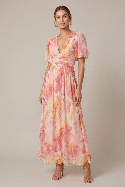 Ava | Floral Puff Sleeve Deep V Neck Ruched Waist Maxi Dress