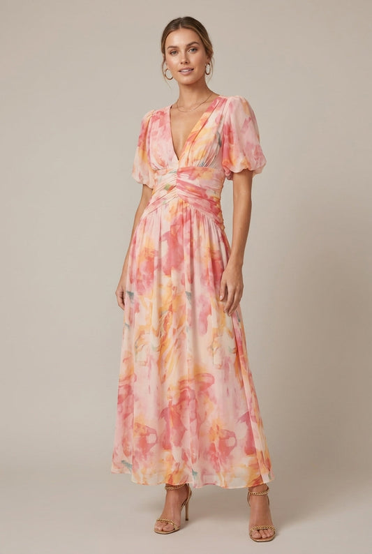 Ava | Floral Puff Sleeve Deep V Neck Ruched Waist Maxi Dress