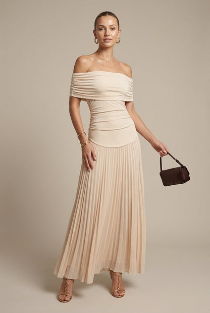 Emma | Off Shoulder Ruched Pleated Maxi Wedding Guest Dress