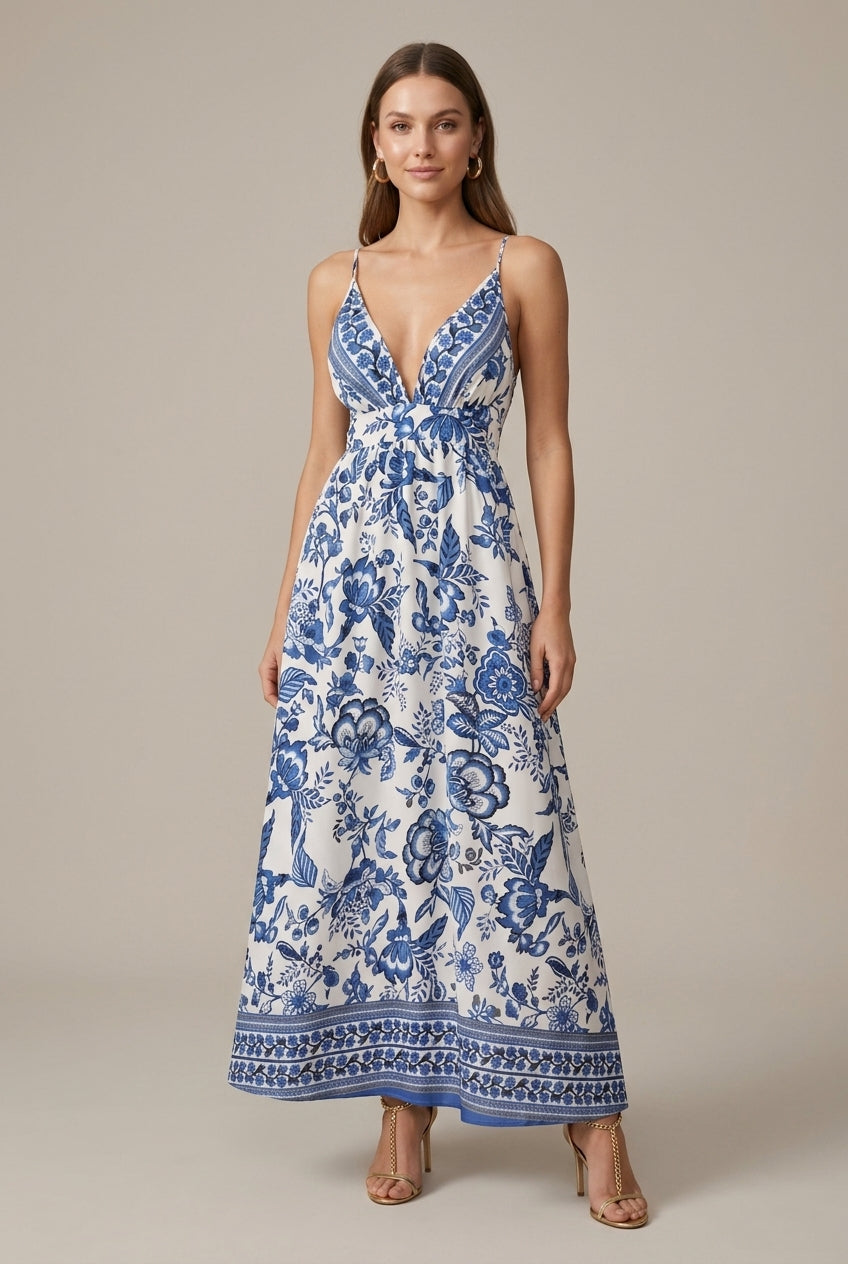 Isla | Floral Deep V Neck Smocked Waist Boho Maxi Dress