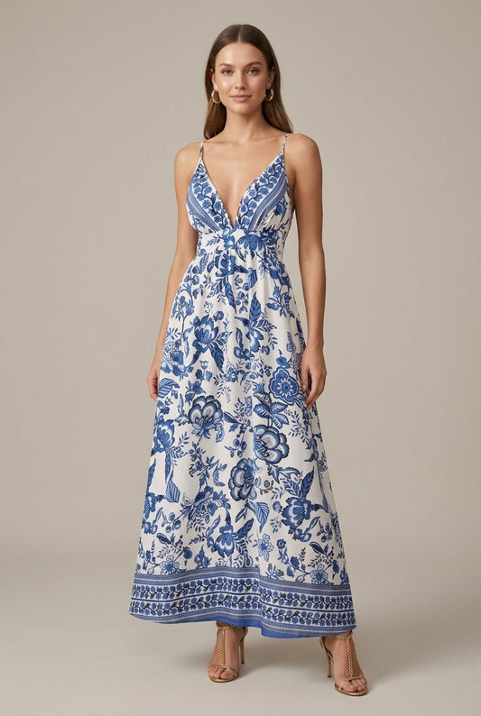 Isla | Floral Deep V Neck Smocked Waist Boho Maxi Dress