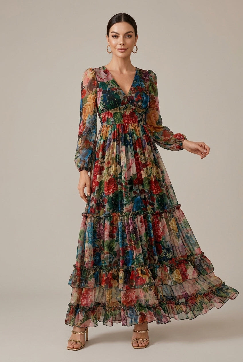 Vera | Floral Long Sleeve V Neck Tiered Ruffle Maxi Dress