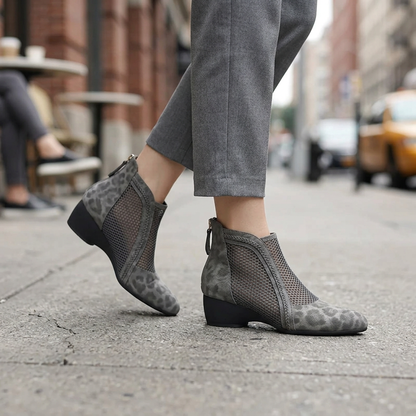 Corentine | Women's Leopard Print Mesh Panel Block Heel Ankle Boot
