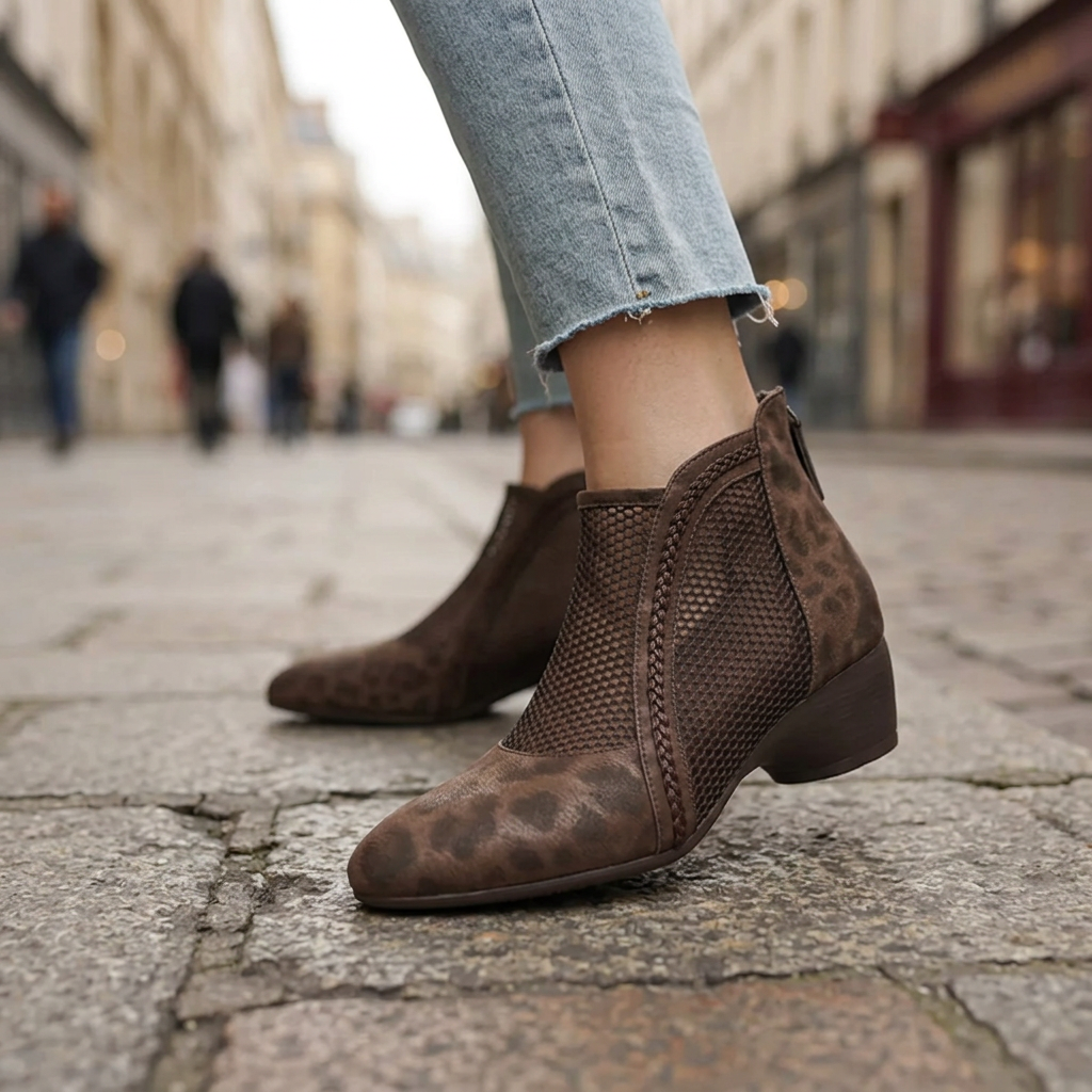 Corentine | Women's Leopard Print Mesh Panel Block Heel Ankle Boot