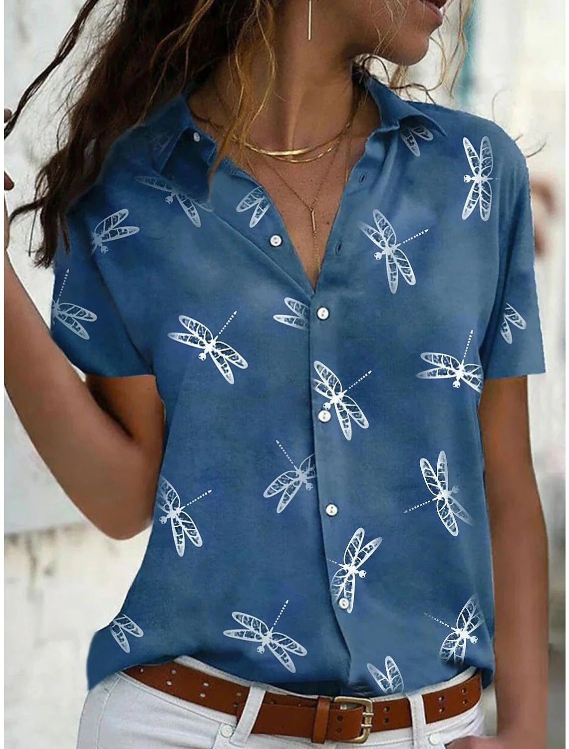 Daisy | Short Sleeve Printed Button Down Relaxed Casual Blouse