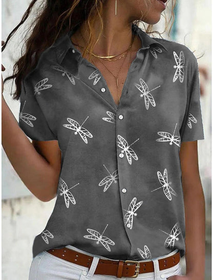 Daisy | Short Sleeve Printed Button Down Relaxed Casual Blouse