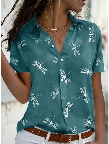 Daisy | Short Sleeve Printed Button Down Relaxed Casual Blouse