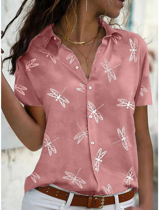 Daisy | Short Sleeve Printed Button Down Relaxed Casual Blouse