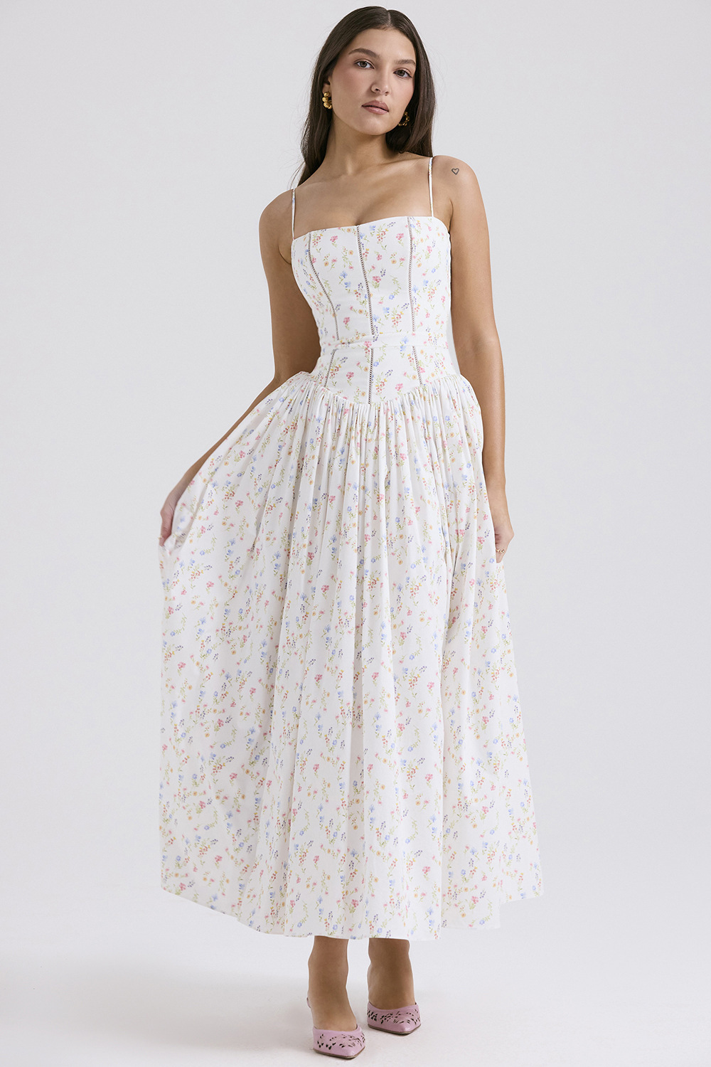 Gabriella | Corset Bodice Flowing Skirt Midi Wedding Guest Dress