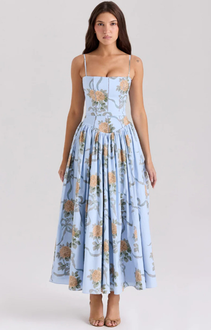 Gabriella | Corset Bodice Flowing Skirt Midi Wedding Guest Dress