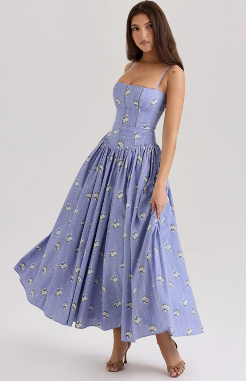 Gabriella | Corset Bodice Flowing Skirt Midi Wedding Guest Dress