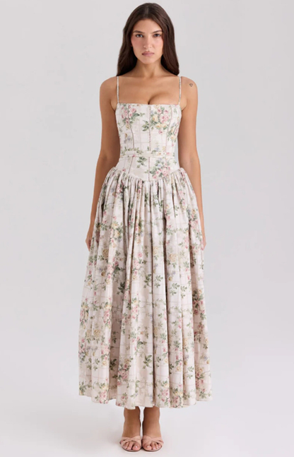 Gabriella | Corset Bodice Flowing Skirt Midi Wedding Guest Dress
