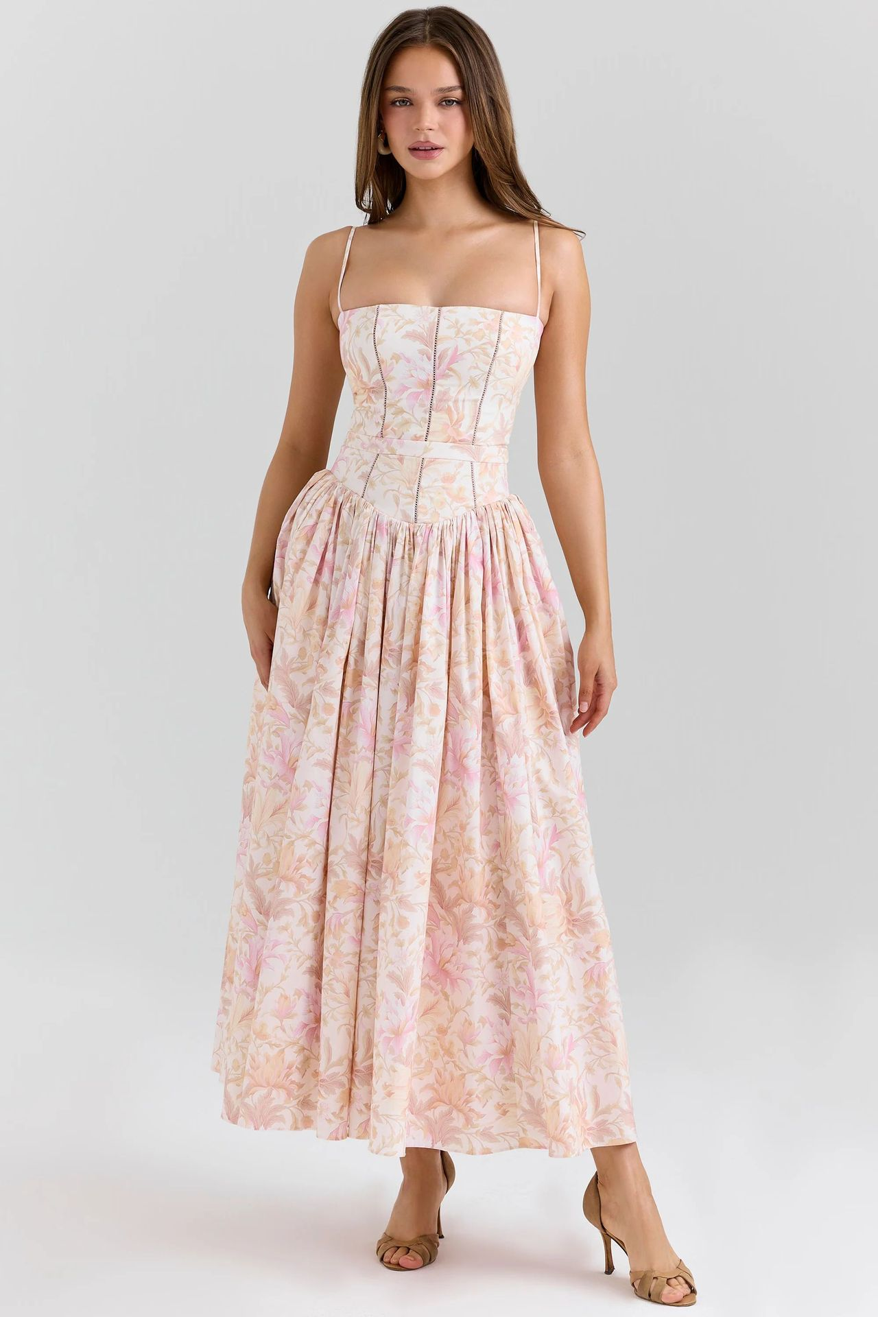 Gabriella | Corset Bodice Flowing Skirt Midi Wedding Guest Dress