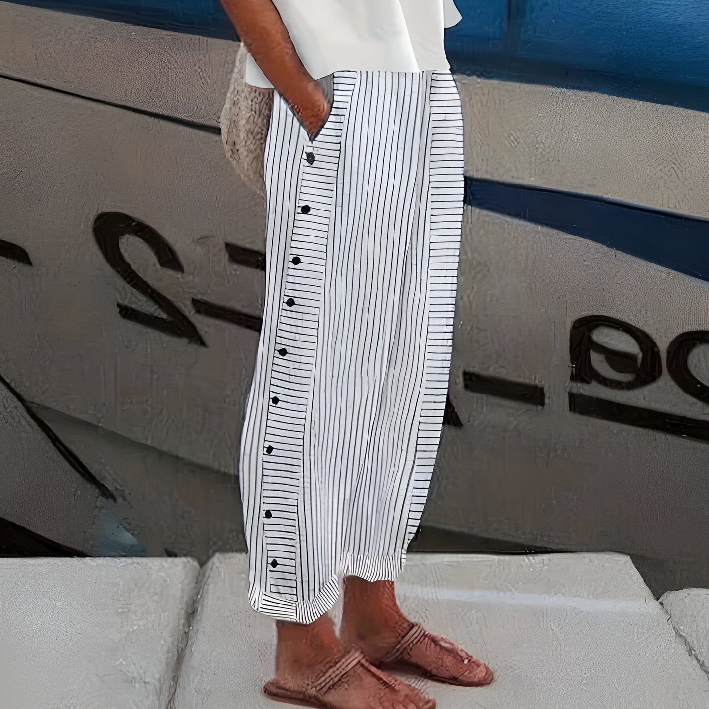 Amelia | Striped Button Detail Elastic Waist Relaxed Casual Pants