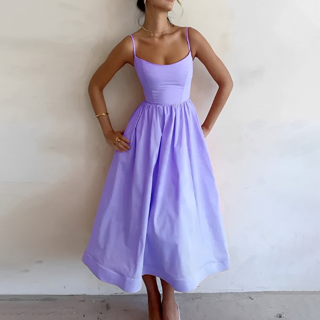 Alina | Fitted Bodice Spaghetti Strap A-Line Midi Elegant Summer Dress