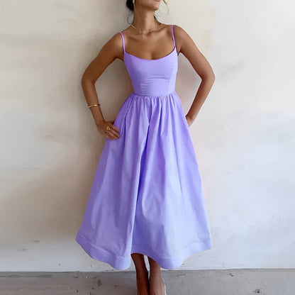 Alina | Fitted Bodice Spaghetti Strap A-Line Midi Elegant Summer Dress