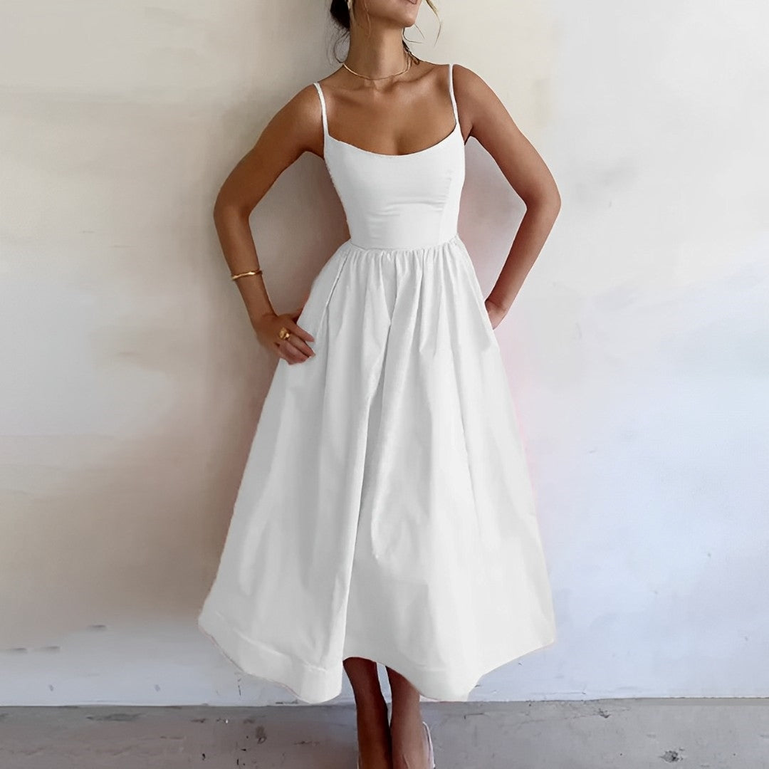 Alina | Fitted Bodice Spaghetti Strap A-Line Midi Elegant Summer Dress