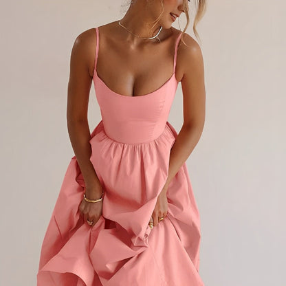 Alina | Fitted Bodice Spaghetti Strap A-Line Midi Elegant Summer Dress