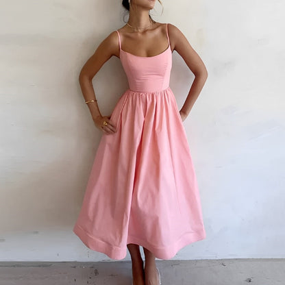 Alina | Fitted Bodice Spaghetti Strap A-Line Midi Elegant Summer Dress