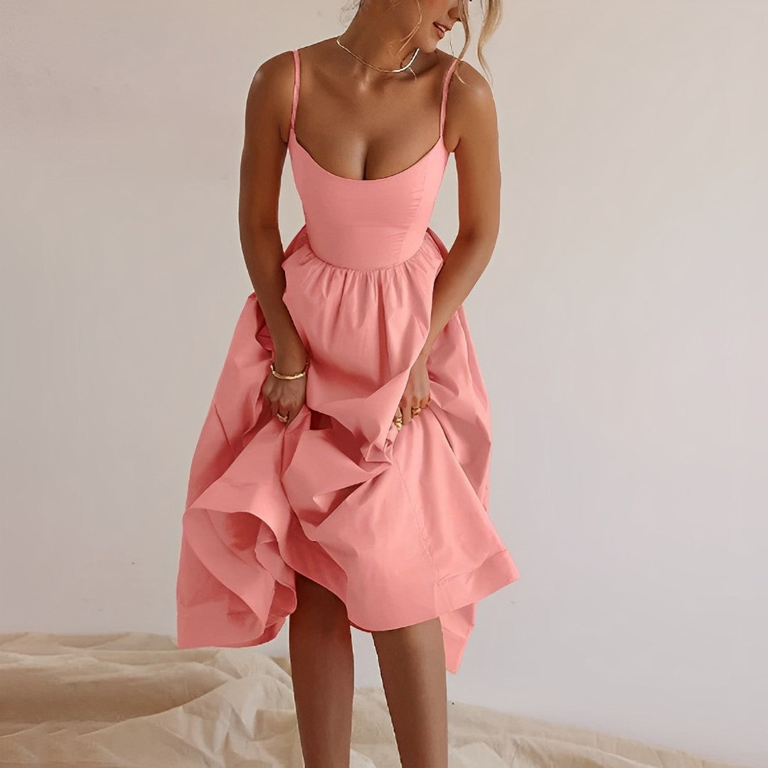 Alina | Fitted Bodice Spaghetti Strap A-Line Midi Elegant Summer Dress