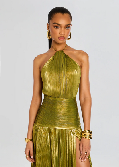 Alana | Halter Neck Pleated High Slit Flowing Maxi Wedding Guest Dress