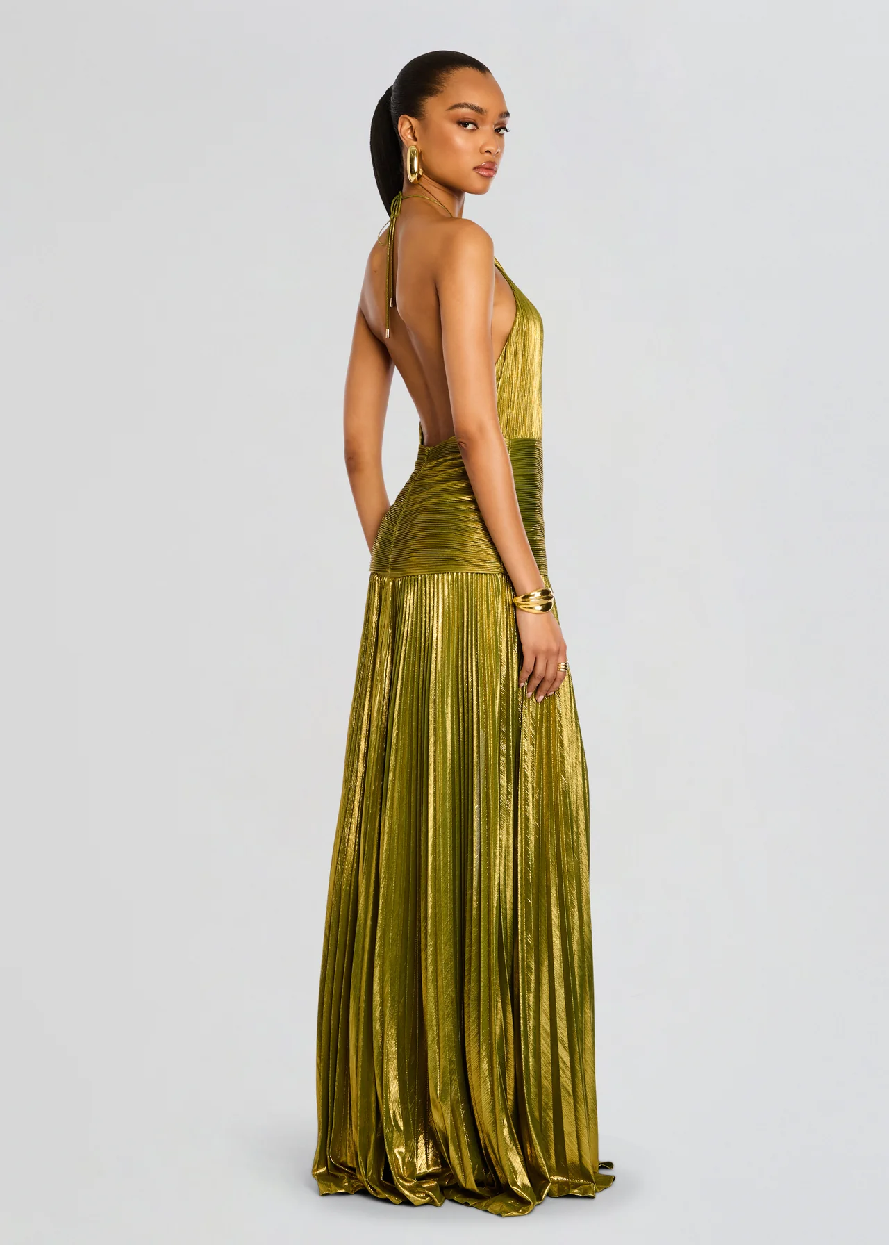 Alana | Halter Neck Pleated High Slit Flowing Maxi Wedding Guest Dress