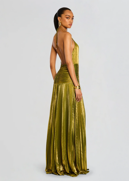 Alana | Halter Neck Pleated High Slit Flowing Maxi Wedding Guest Dress