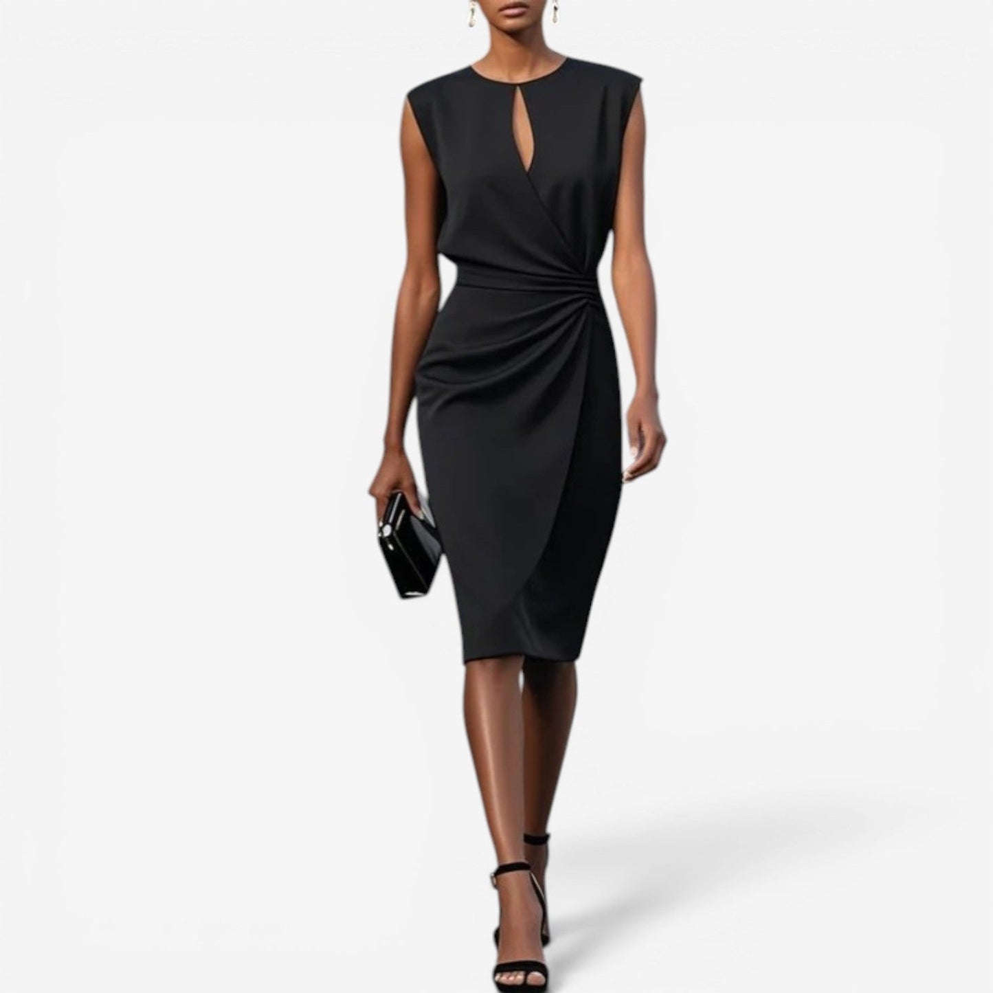 Lisandrah | Keyhole Cutout Sleeveless Ruched Waist Asymmetric Elegant Midi Dress