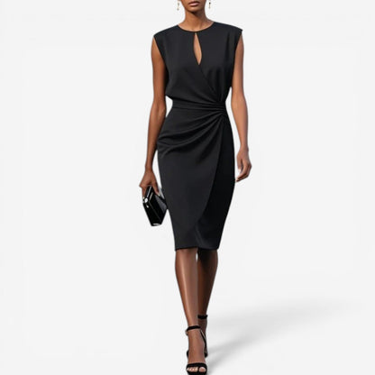 Lisandrah | Keyhole Cutout Sleeveless Ruched Waist Asymmetric Elegant Midi Dress