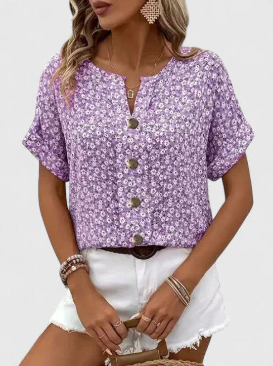 Sabine | Short Sleeve Floral Notch Neck Button Front Relaxed Casual Top
