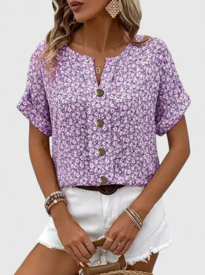 Sabine | Short Sleeve Floral Notch Neck Button Front Relaxed Casual Top