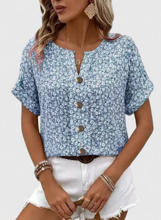 Sabine | Short Sleeve Floral Notch Neck Button Front Relaxed Casual Top