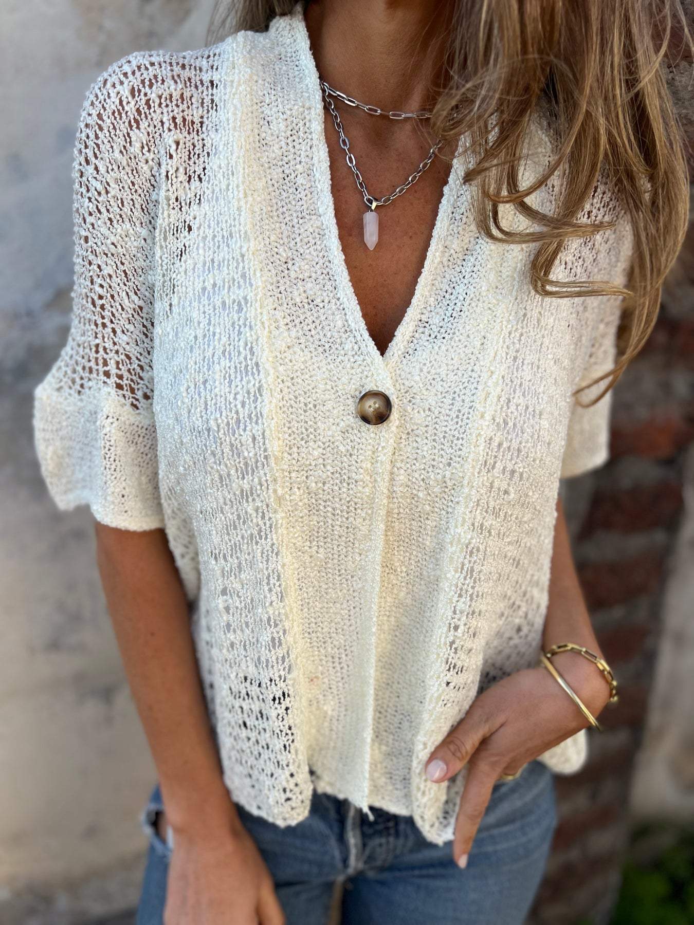 Barbara | Crochet Knit Cardigan Open Front Button Boho Tops