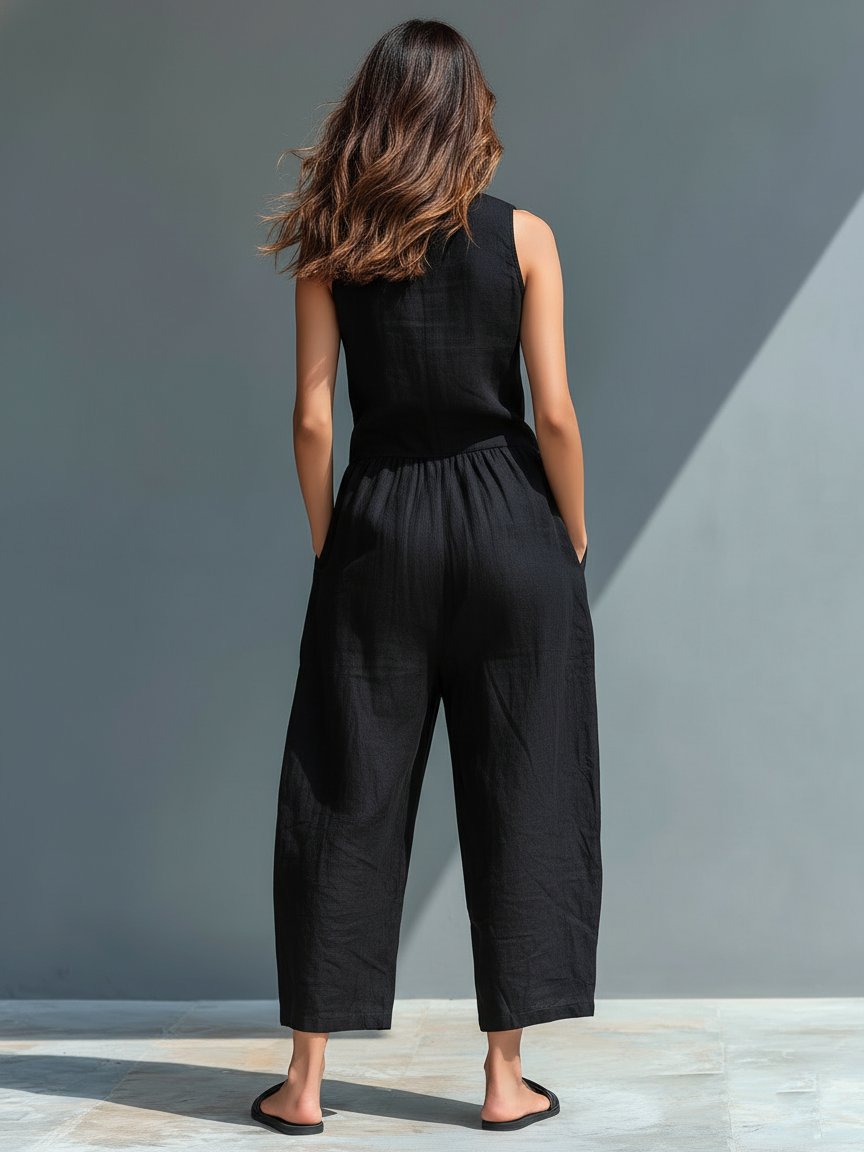 Chloe | Stand Collar Button Up Sleeveless Wide Leg Linen Blend Jumpsuit