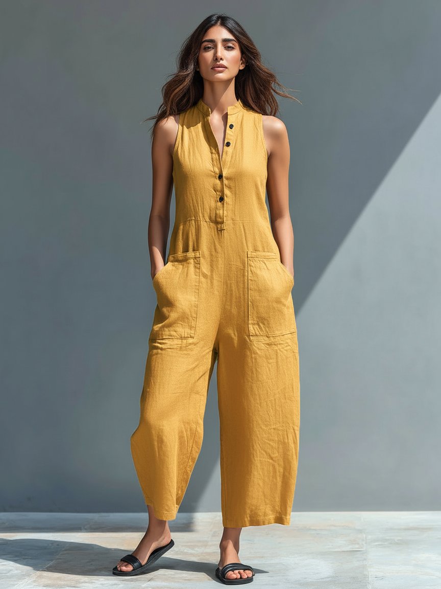 Chloe | Stand Collar Button Up Sleeveless Wide Leg Linen Blend Jumpsuit